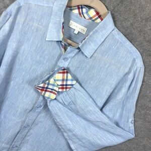 Amiani Linen Shirt Mens Sz L Blue Flip Cuff Roll Tab Lightweight Classic